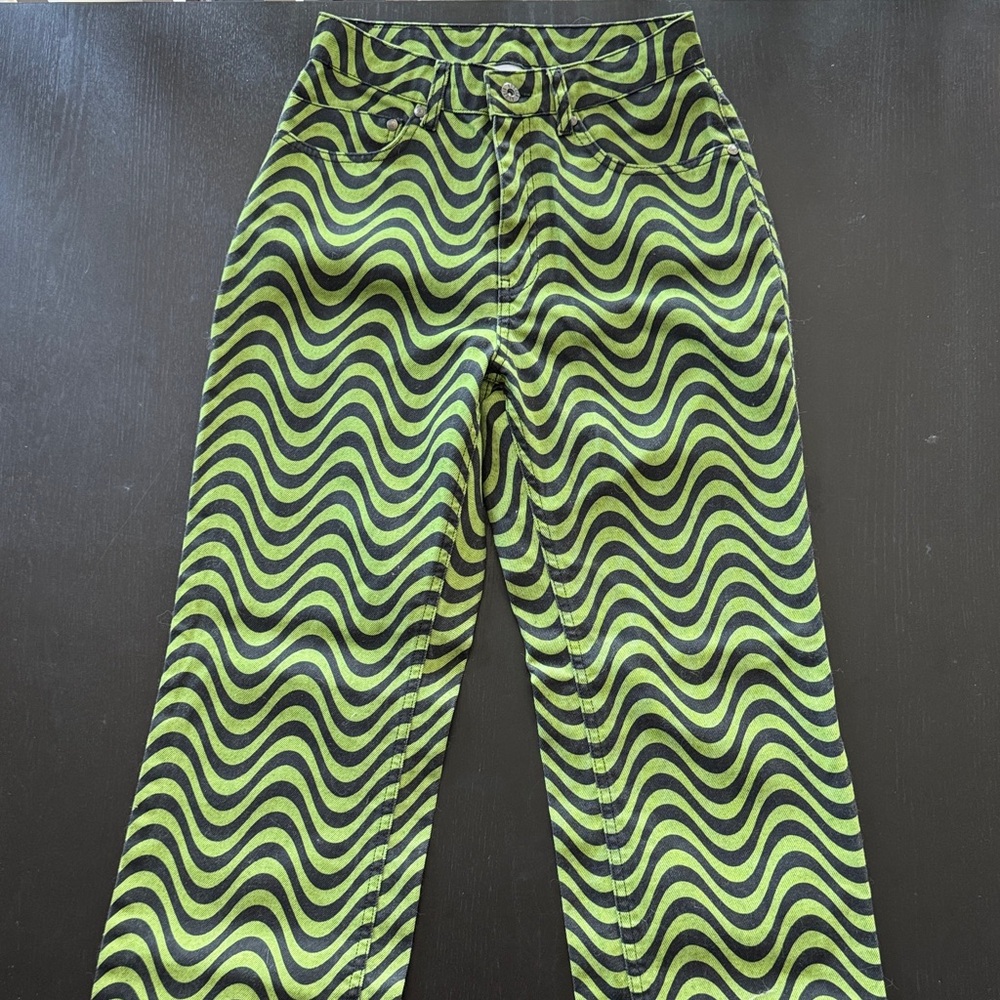 New Ragged Priest Wavy Patterned Lime Green Black Swirl Wave Jeans Pants Size 26